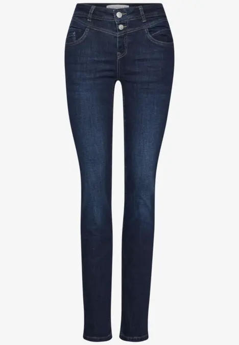 Jean bleu foncé taille haute à coupe étroite avec braguette à boutons.