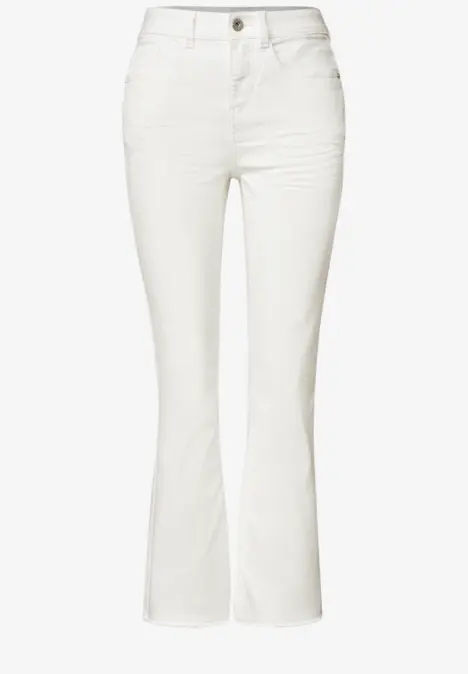 Weiße Damen-Jeans mit weitem Bein, hoher Taille und Knopfverschluss.