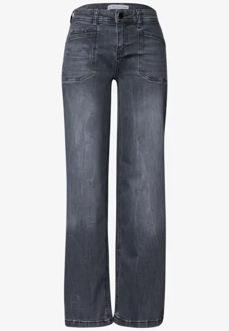 Jean gris foncé à taille haute et coupe large, style décontracté.