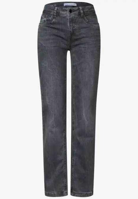 Jean droit en denim gris anthracite avec taille standard et cinq poches, style épuré et intemporel.
