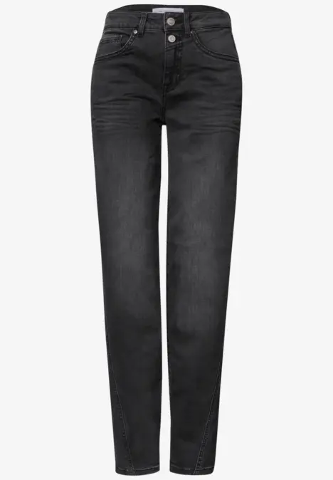 Jean femme noir à taille haute avec patte de boutonnage, coupe droite et délavage foncé.