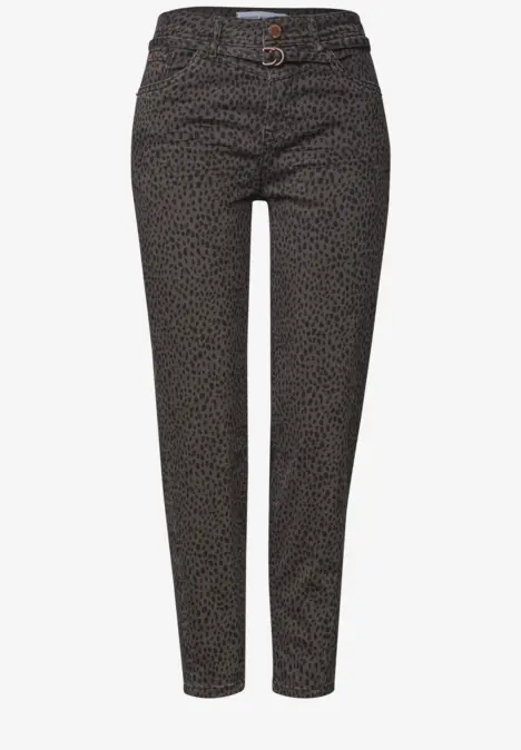 Pantalon slim femme à motif animal discret, taille haute ajustable par passants, longueur cheville.