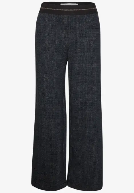 Donkergrijze, wijde high-waist broek met subtiel patroon en elastische tailleband.