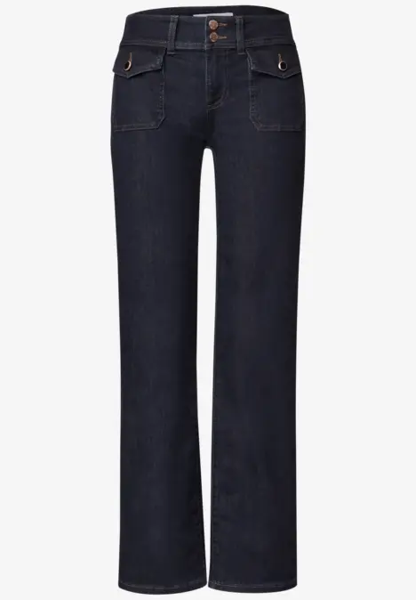 Jean bleu foncé taille haute, coupe droite, 2 boutons à la ceinture