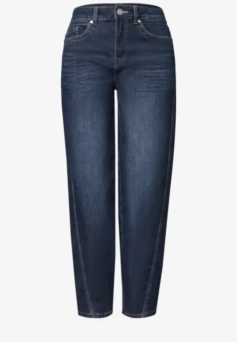 Dunkelblaue Damen-Jeans mit hohem Bund, geradem Bein und klassischen Taschen.