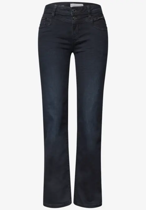 Donkerblauwe bootcut-jeans met mid-rise, vijf zakken en licht uitlopende pijpen.