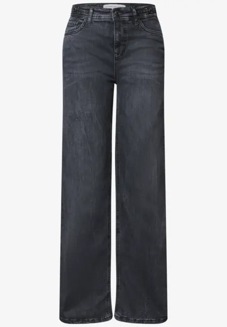 Dunkelgraue Jeans mit weitem geradem Bein und mittelhohem Bund.