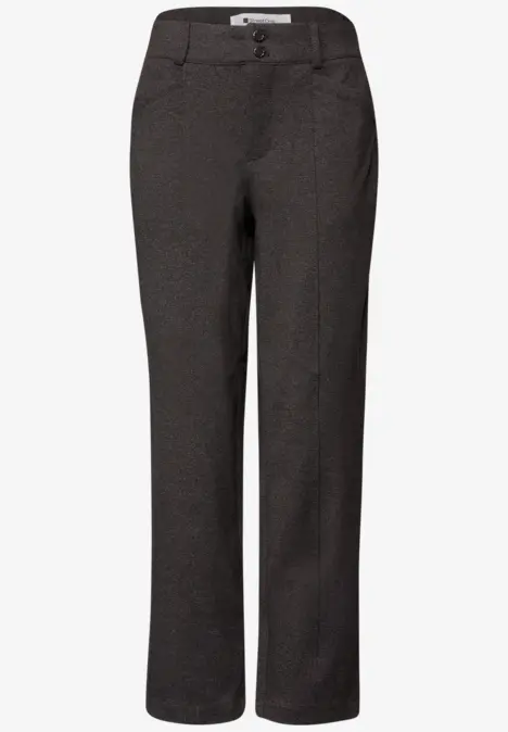 Donkergrijze, recht gesneden broek met tailleband en zakken.