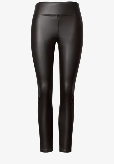 Schwarze, eng anliegende Leder-Leggings mit hohem Bund und glänzendem Finish.