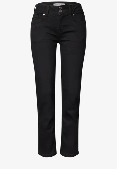 Jean noir taille haute pour femme, coupe droite et poches classiques