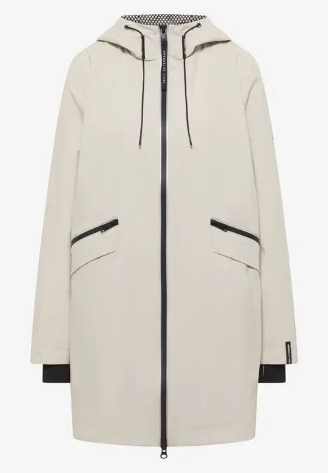 Beige lange parka met capuchon, tweerichtingsrits en zwarte accenten