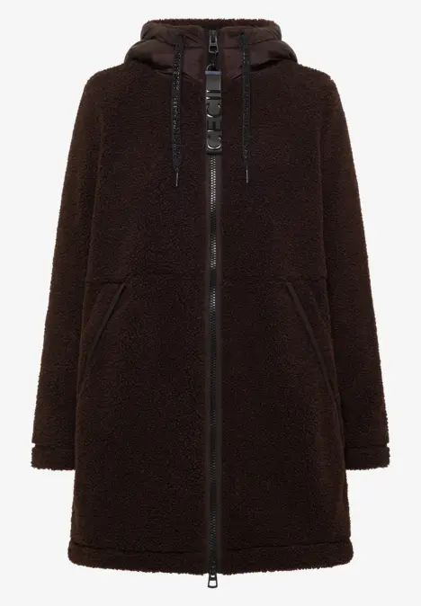 Brauner Teddy-Fleece-Mantel mit Kapuze, Reißverschluss und Taschen.