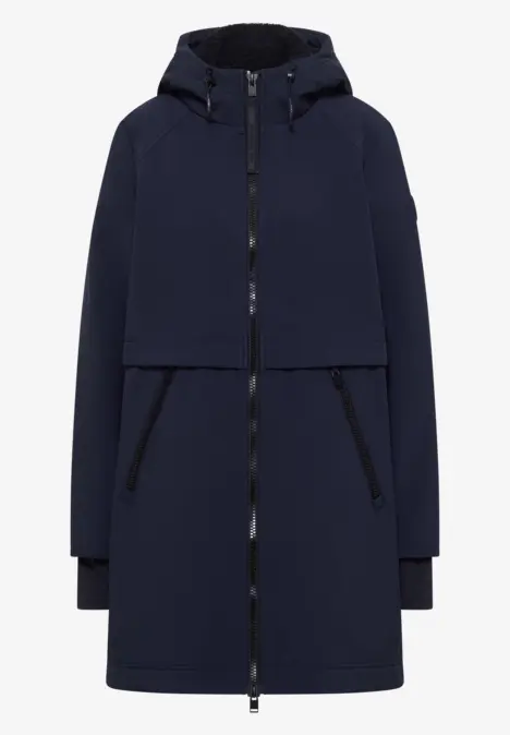 Dunkelblauer, knielanger Parka mit Kapuze, durchgehendem Reißverschluss und seitlichen Taschen.