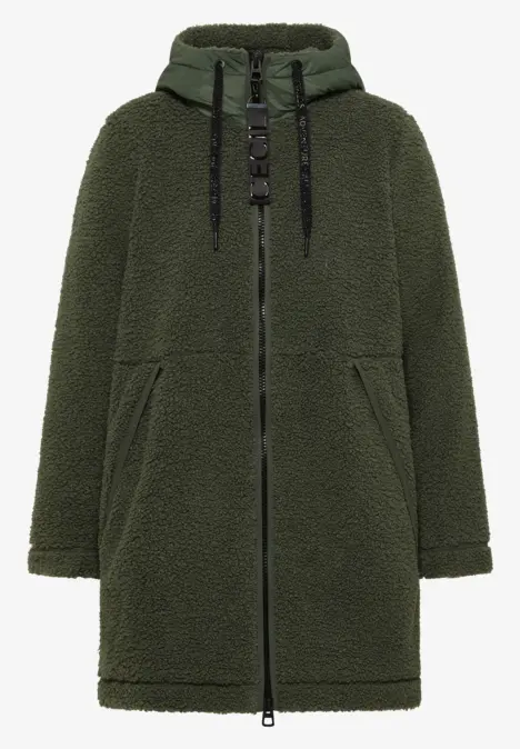 Olivegrüner, mittellanger Teddy-Fleece-Mantel mit Kapuze und Reißverschluss