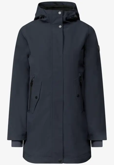 Donkerblauwe parka met capuchon, ritssluiting en steekzakken voor, halflang.
