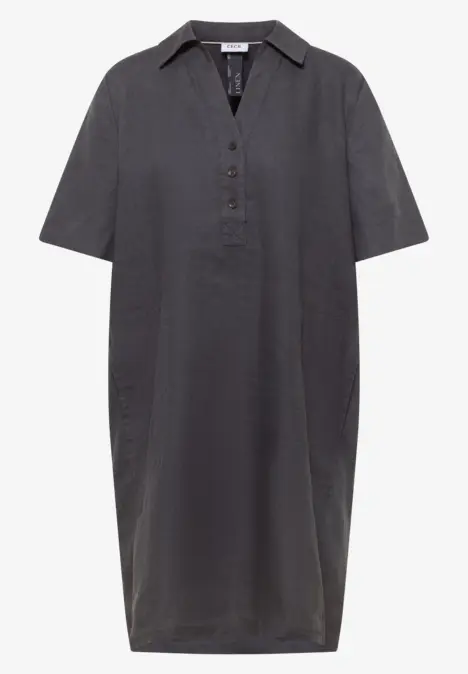 Schlichtes, dunkelgraues Hemdkleid mit kurzen Ärmeln und geradem Schnitt.