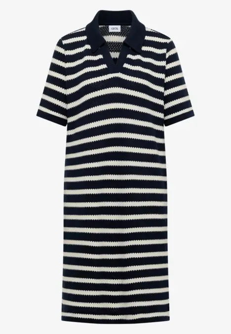 Kurzes Polokleid mit Navy- und weißen Querstreifen, Polokragen und kurzen Ärmeln.