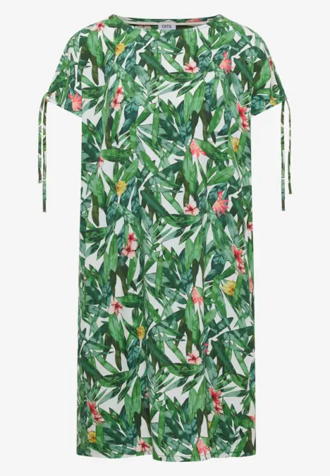 Midikleid mit grünem Blatt- und Blumenmuster, kurzen Ärmeln und seitlichen Bändchen.