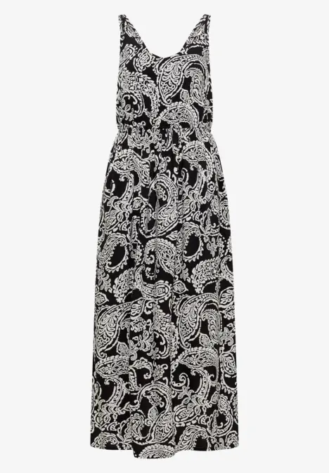 Schwarzes, ärmelloses Maxikleid mit weißem Paisley-Print und V-Ausschnitt.