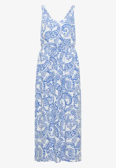 Ärmelloses Maxikleid in Weiß mit blauem Paisley-Muster und Taillengürtel, luftig und sommerlich