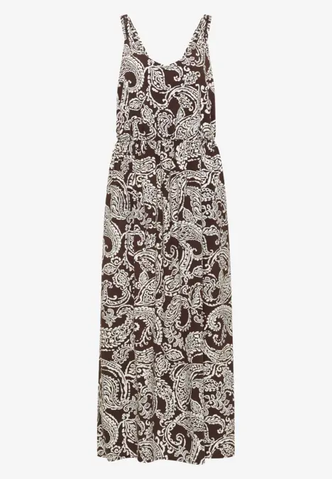 Langes ärmelloses Maxikleid mit weißem Paisley-Print auf schwarzem Grund.