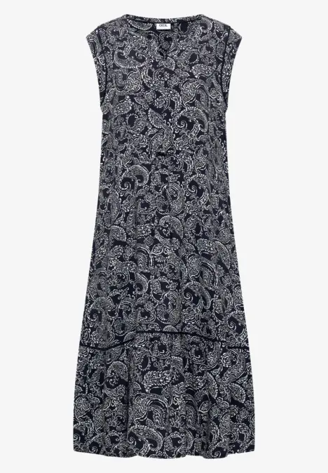 Ärmelloses, bodenlanges Kleid in Dunkelblau mit weißem Paisley-Print.