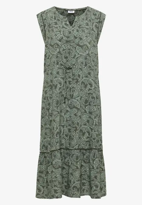 Ärmelloses Maxikleid mit grünem Paisley-Muster, V-Ausschnitt und voluminösem Stufenrock.