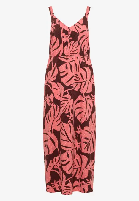 Ärmelloses Maxikleid mit Spaghettiträgern und großem Blattmuster in Rosa und Dunkelbraun.
