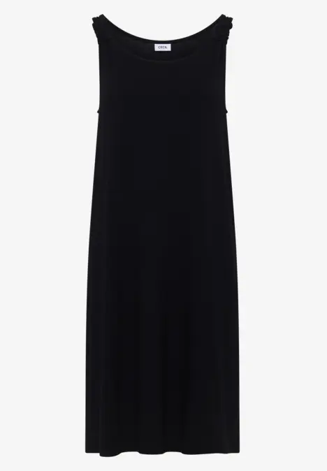 Schwarzes ärmelloses Midikleid aus fließendem Stoff mit rundem Ausschnitt.