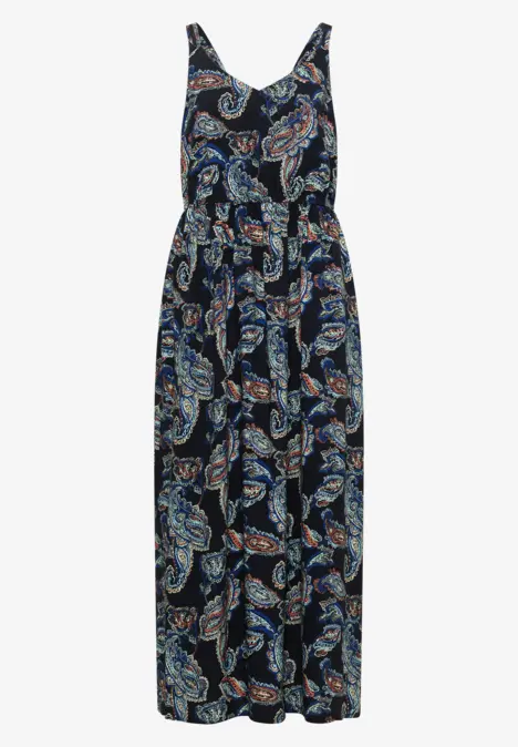 Langes ärmelloses Maxikleid mit dunkelblauem Paisley-Muster.
