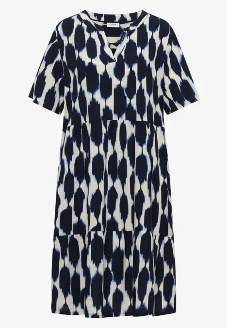 Robe midi à manches courtes, imprimé bleu marine et blanc, col V et taille marquée