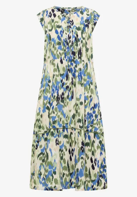 Robe midi sans manches à motif abstrait de fleurs et de feuilles en bleu et vert