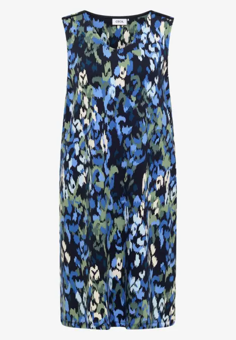 Robe sans manches à coupe trapèze, imprimé abstrait bleu, vert et noir, encolure ronde, longueur genoux.
