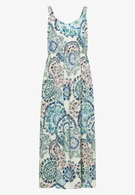 Mouwloze, lange zomerjurk met blauw-groene mozaïekprint en losse pasvorm