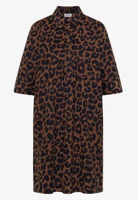 Loszittende halflange blousejurk met bruin-zwart luipaardprint