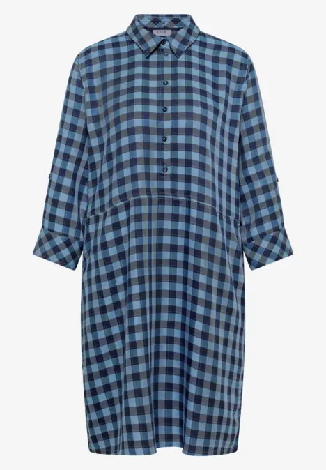 Blau kariertes Hemdkleid mit langen Ärmeln und Knopfleiste.