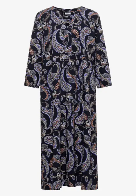 Dunkelblaues, langes Kleid mit 3/4-Ärmeln und buntem Paisley-Muster.