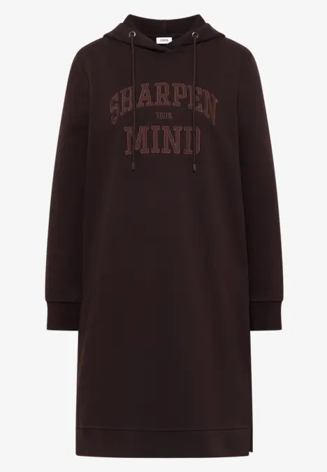 Braunes, knielanges Kapuzenkleid mit langen Ärmeln und Front-Print 'SHARPEN MIND!'