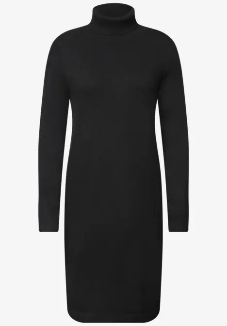 Schwarzes, langärmeliges Rollkragen-Strickkleid, knielang.