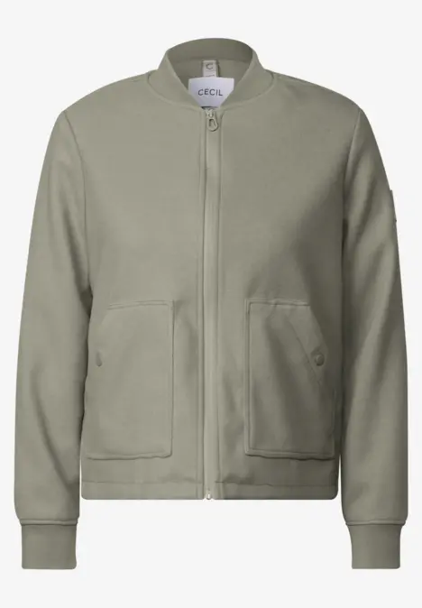 Graue Jacke mit Reißverschluss und zwei Taschen vorne.