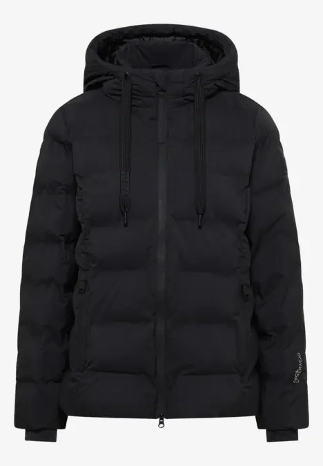 Schwarze gesteppte Winterjacke mit Kapuze und Kordelzug.