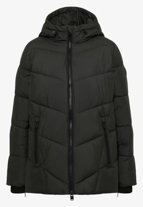 Dunkle, gesteppte Winterjacke mit Kapuze und Reißverschluss.