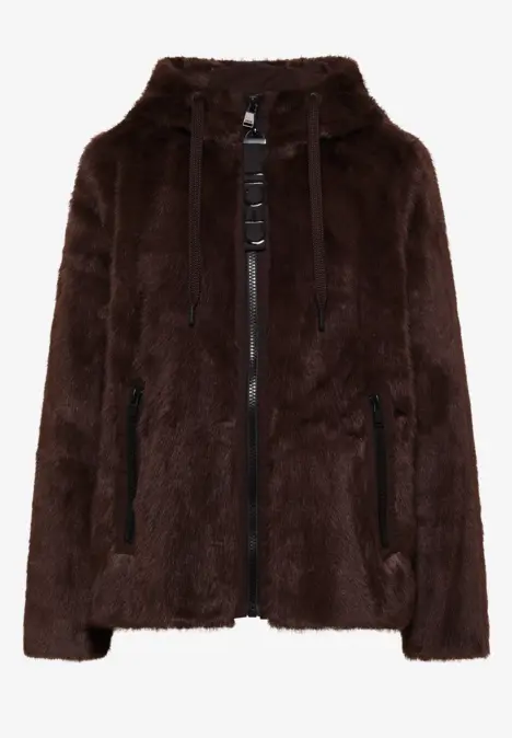 Braune Kunstpelzjacke mit Kapuze, Reißverschluss und Taschen, lässig und warm.