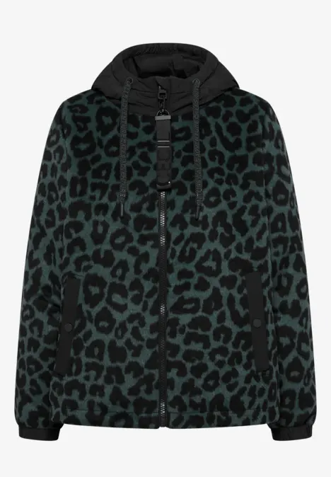 Gefütterte Kapuzenjacke in dunkelgrünem Leopardenmuster mit Reißverschlusstaschen und Rippbündchen.