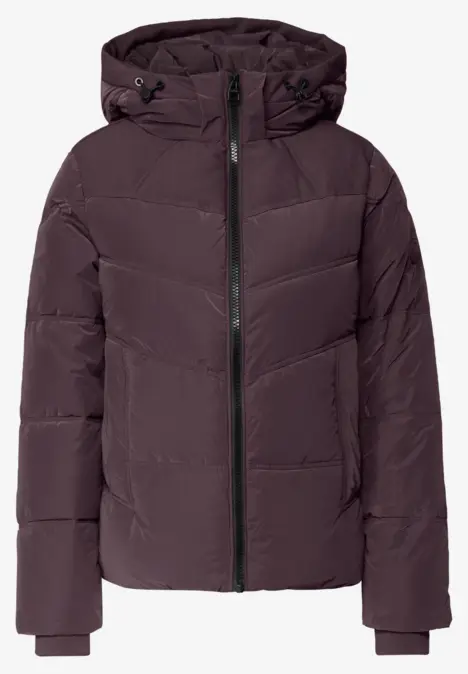 Dunkelviolette Steppjacke mit Kapuze, Reißverschluss und lässiger Passform.