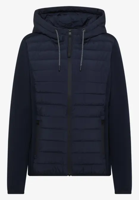 Dunkelblaue Kapuzenjacke mit gesteppter Front, Reißverschluss und langen Ärmeln.