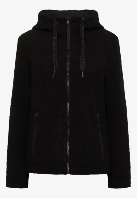 Schwarze, flauschige Kapuzenjacke mit Reißverschluss und Kordelzug
