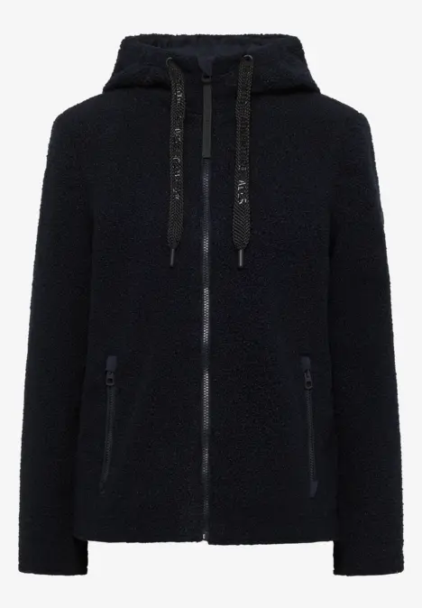 Schwarze Teddy-Fleecejacke mit Kapuze, Reißverschluss und seitlichen Taschen.