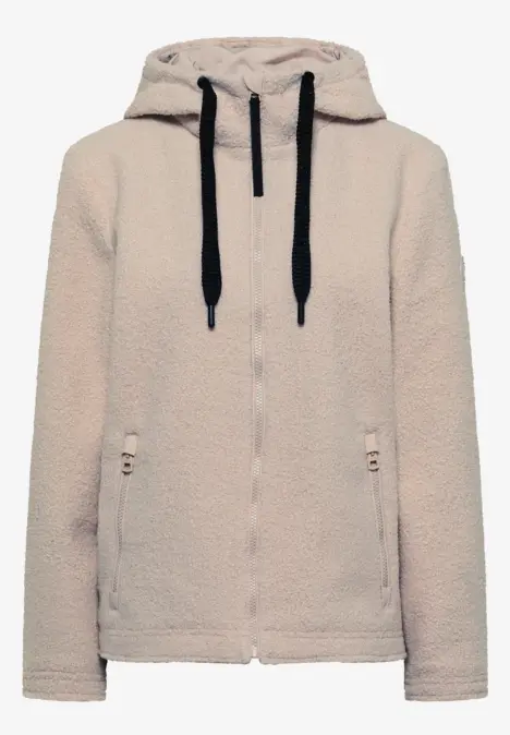 Beiger Sherpa-Fleece-Hoodie mit Kapuze und schwarzen Kordeln, seitliche Reißverschlusstaschen.