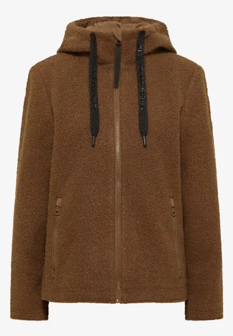 Braune Teddy-Fleecejacke mit Kapuze, Reißverschluss und Taschen.
